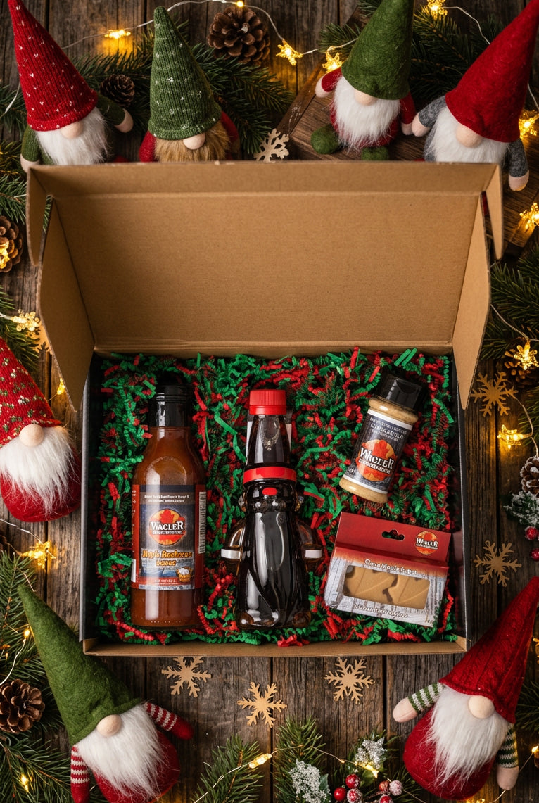 Cute holiday gnome in limited edition gift box with other maple treats from Wagler Maple Products