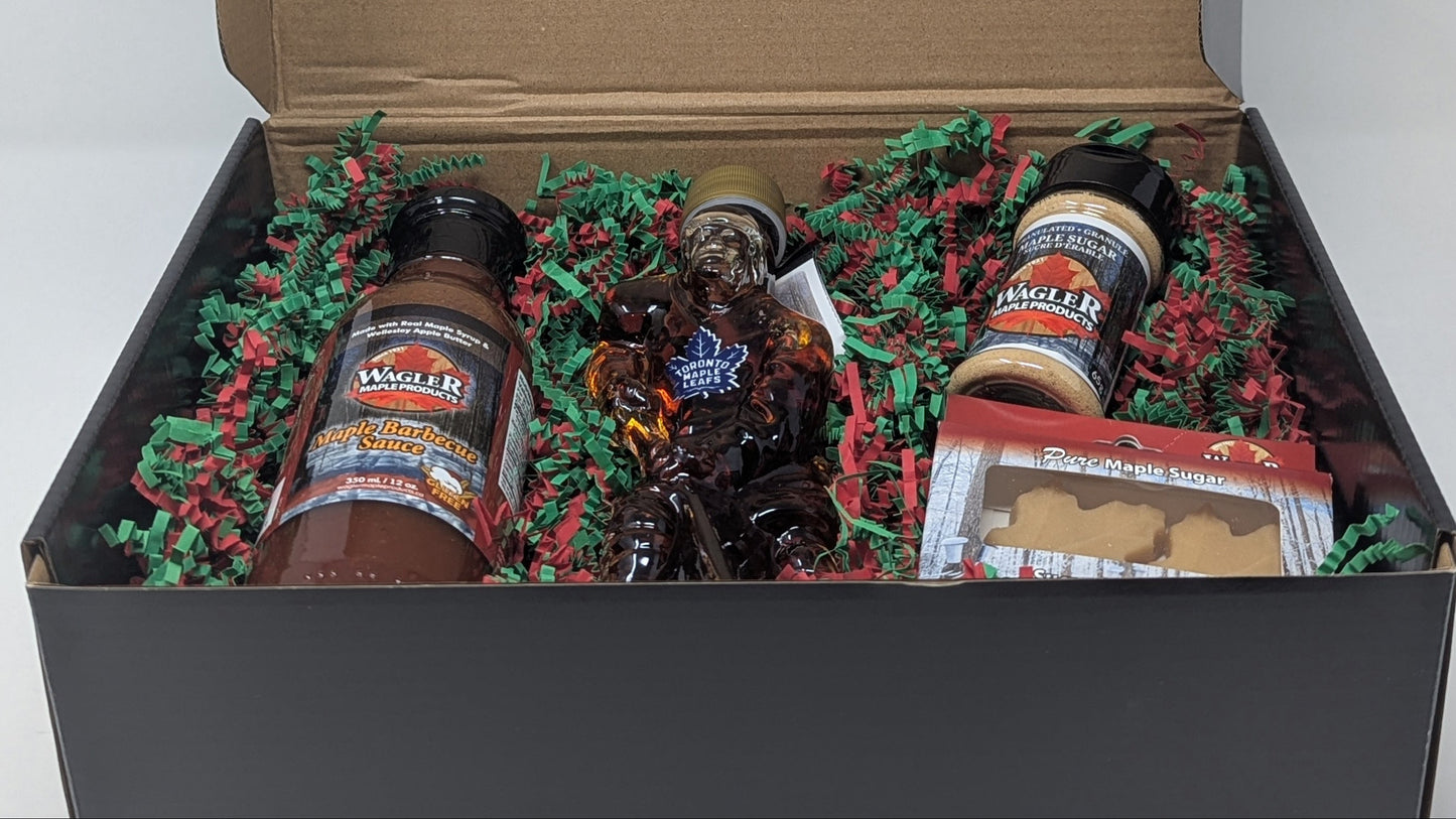Holiday gift box with Wagler Maple Products maple syrup, bbq sauce, maple sugar, and maple sugar candy