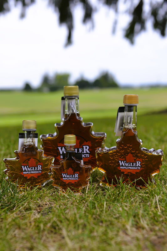 Autumn Maple Leaf Glass Bottles with Pure Canadian Maple Syrup from Ontario Family Farm