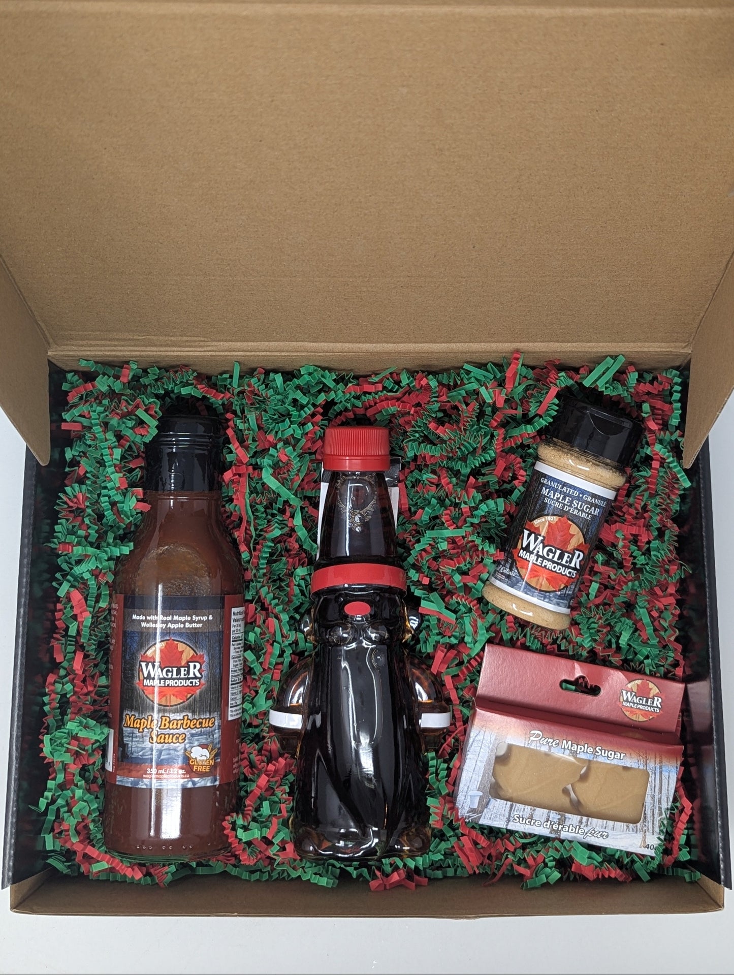 Cute holiday gnome in limited edition gift box with other maple treats from Wagler Maple Products