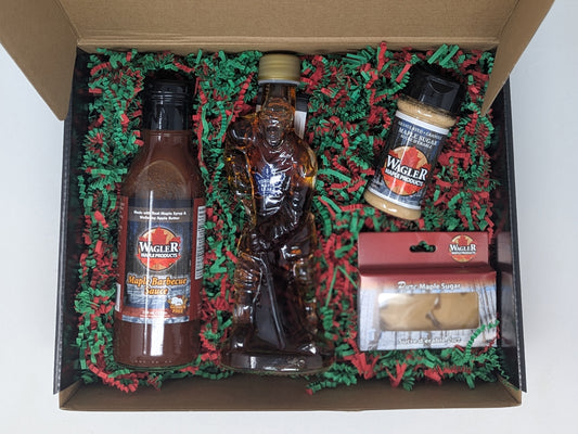 limited edition Wagler Maple Products holiday gift box with maple syrup, bbq sauce, maple sugar, and maple sugar candy