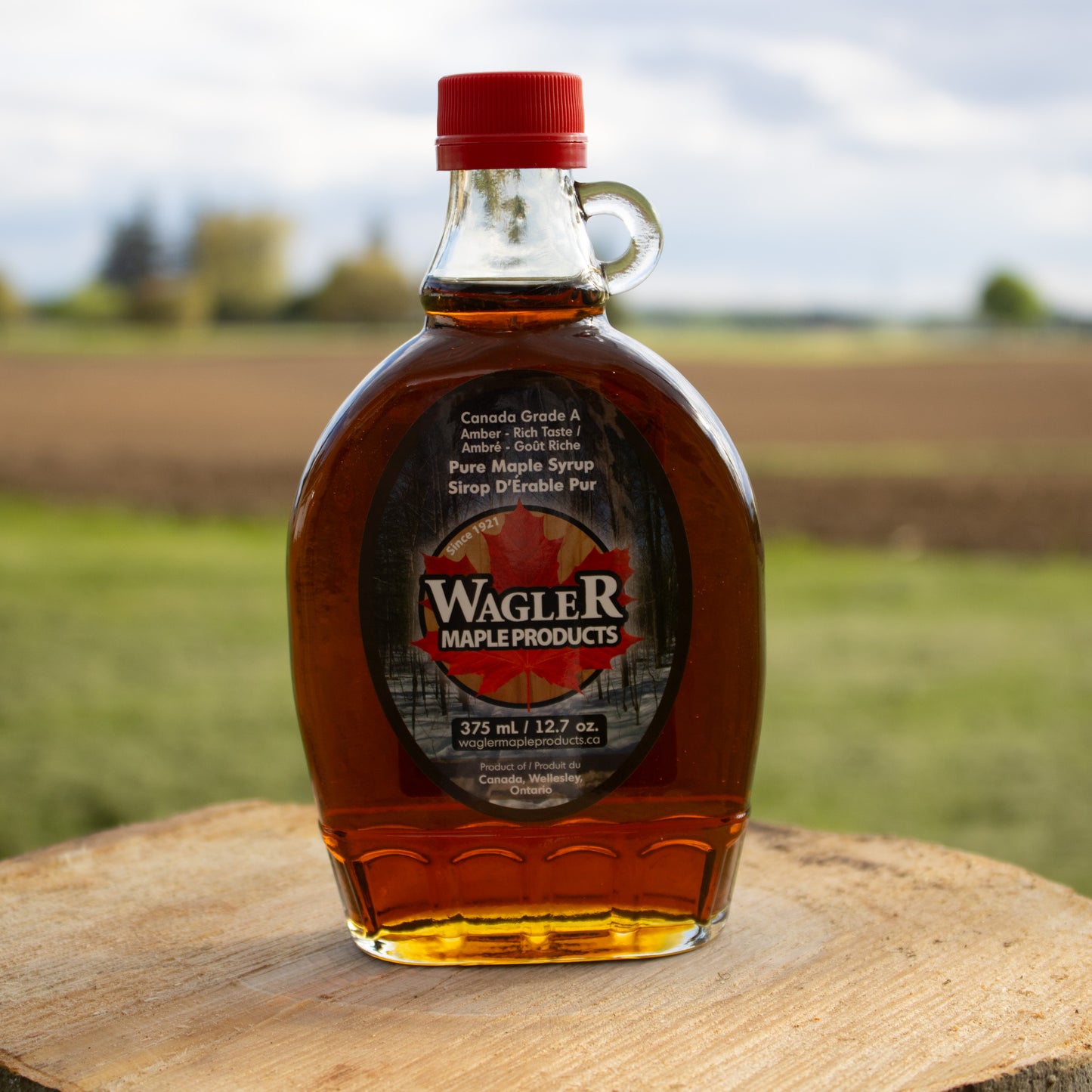 pure Ontario maple syrup in a 375ml glass bottle