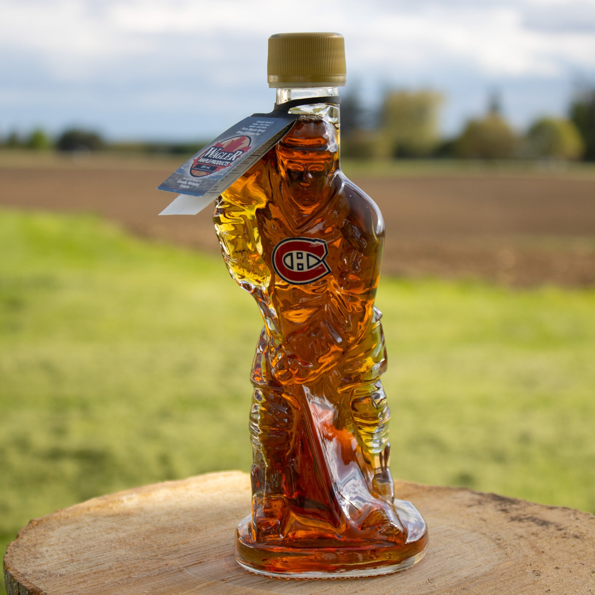 glass Montreal Canadiens hockey player filled with Wagler's maple syrup